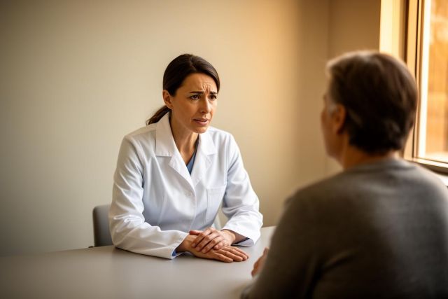 Female physician in a private consultation, listening intently to a seated patient across a table.