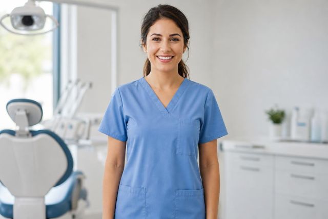 Smiling dental hygienist in scrubs standing in a modern treatment room, dental chair visible.