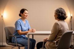 Smiling dental nurse consulting with an older patient across a table in a calm clinic room.