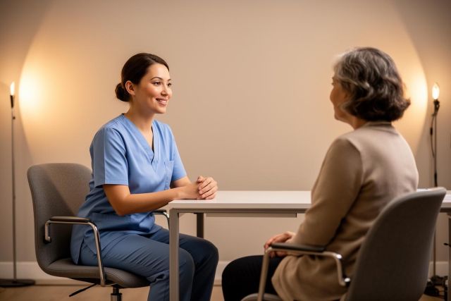 Smiling dental nurse consulting with an older patient across a table in a calm clinic room.