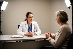 A professional female doctor in a white coat conducts a medical consultation with an elderly female patient in a bright clinic office. The scene shows a compassionate doctor-patient interaction at a desk with a clipboard, set in a clean, neutral-toned medical environment.