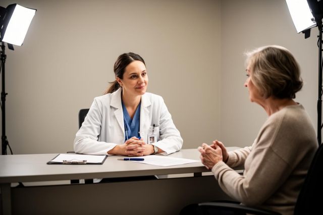 A professional female doctor in a white coat conducts a medical consultation with an elderly female patient in a bright clinic office. The scene shows a compassionate doctor-patient interaction at a desk with a clipboard, set in a clean, neutral-toned medical environment.