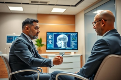 Medical consultation. Doctor and patient discuss a brain scan in a modern office setting. Focus on healthcare, diagnostics, and professional consultation. Blue and neutral tones dominate.