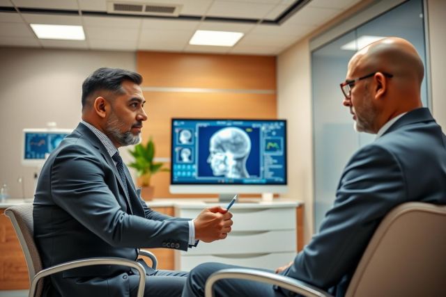 Medical consultation. Doctor and patient discuss a brain scan in a modern office setting. Focus on healthcare, diagnostics, and professional consultation. Blue and neutral tones dominate.