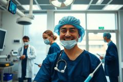 The image depicts a hospital operating room with medical staff. There's a surgeon smiling at the camera, wearing surgical gear including a face mask and blue scrubs.