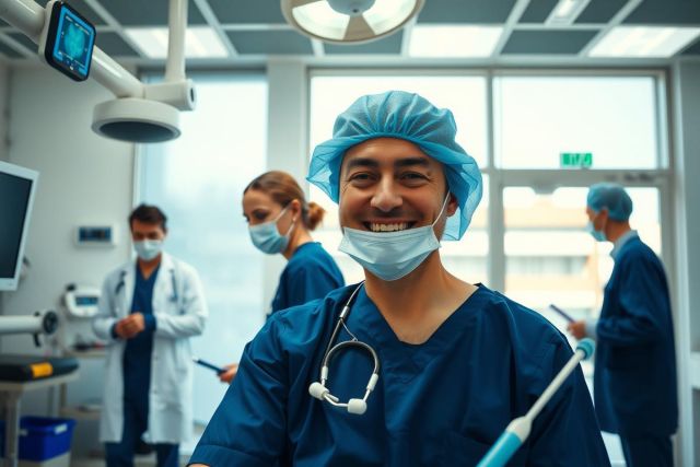 The image depicts a hospital operating room with medical staff. There's a surgeon smiling at the camera, wearing surgical gear including a face mask and blue scrubs.