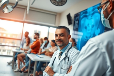 The image depicts a professional medical setting with multiple doctors and patients. The main focus is on two doctors who appear to be discussing patient care in a collaborative manner, highlighting the importance of teamwork in healthcare environments.