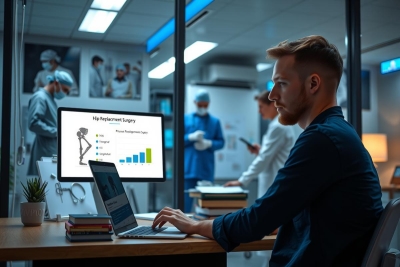 The image depicts a modern workspace with several elements. In the foreground, there's a young man focused on his laptop computer, which has graphs displayed on the screen, suggesting he might be analyzing data or working with visual analytics tools.