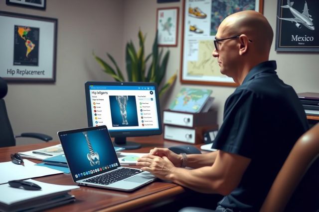 The image depicts a man in an office setting, using a laptop. He appears focused on the screen, possibly working or engaging in digital communication. The office environment includes typical elements like potted plants, desk lamps, and a whiteboard with maps and diagrams.
