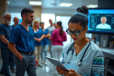 The image shows a modern medical setting, likely in an emergency or intensive care room. There is a female doctor, wearing a blue and white uniform with a stethoscope around her neck, engrossed in examining the tablet she holds in her hands.