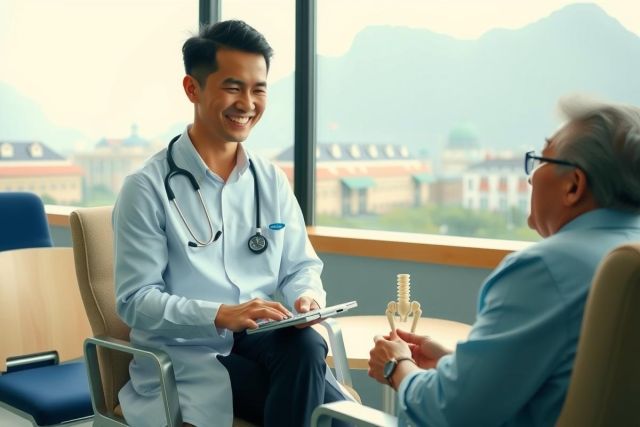 In the photograph, a young male doctor sits at a table with an older gentleman patient. The office appears to be modern and well-lit, with large windows offering mountain views. The doctor is holding a clipboard and pen, likely to take notes during the examination.