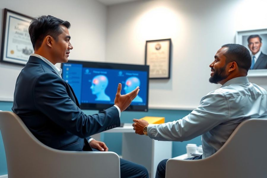 Two professionals in business attire engage in a discussion in a modern office setting. The scene features a screen displaying brain imagery, suggesting a focus on health or neuroscience. Colors are predominantly neutral with accents of blue and white.