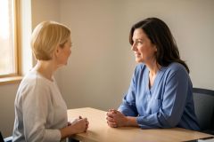 Clinician in blue scrubs smiling and consulting with a seated patient across a clinic desk.