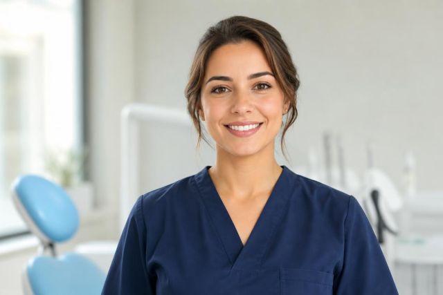 Smiling dental hygienist in navy scrubs standing in a bright pediatric dental clinic.