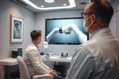 Doctor viewing ultrasound image of a fetus on a monitor, likely during a prenatal appointment. Professional medical setting with a focused, caring atmosphere.