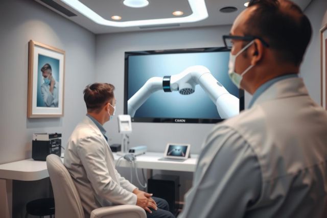 Doctor viewing ultrasound image of a fetus on a monitor, likely during a prenatal appointment. Professional medical setting with a focused, caring atmosphere.