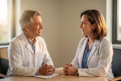 Two smiling clinicians in white coats discuss treatment across a table in a well-lit consultation room.