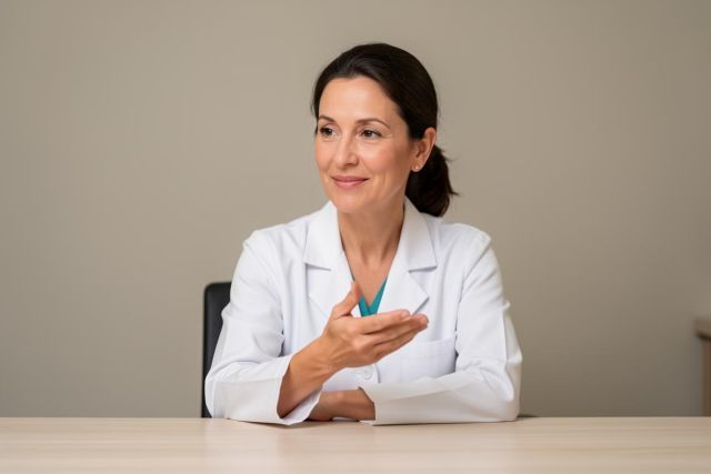 Smiling dental clinician in a white coat sits at a desk, gesturing while discussing treatment options.