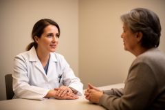 A clinician in a white coat attentively consulting an older patient across a clinic desk during an appointment.