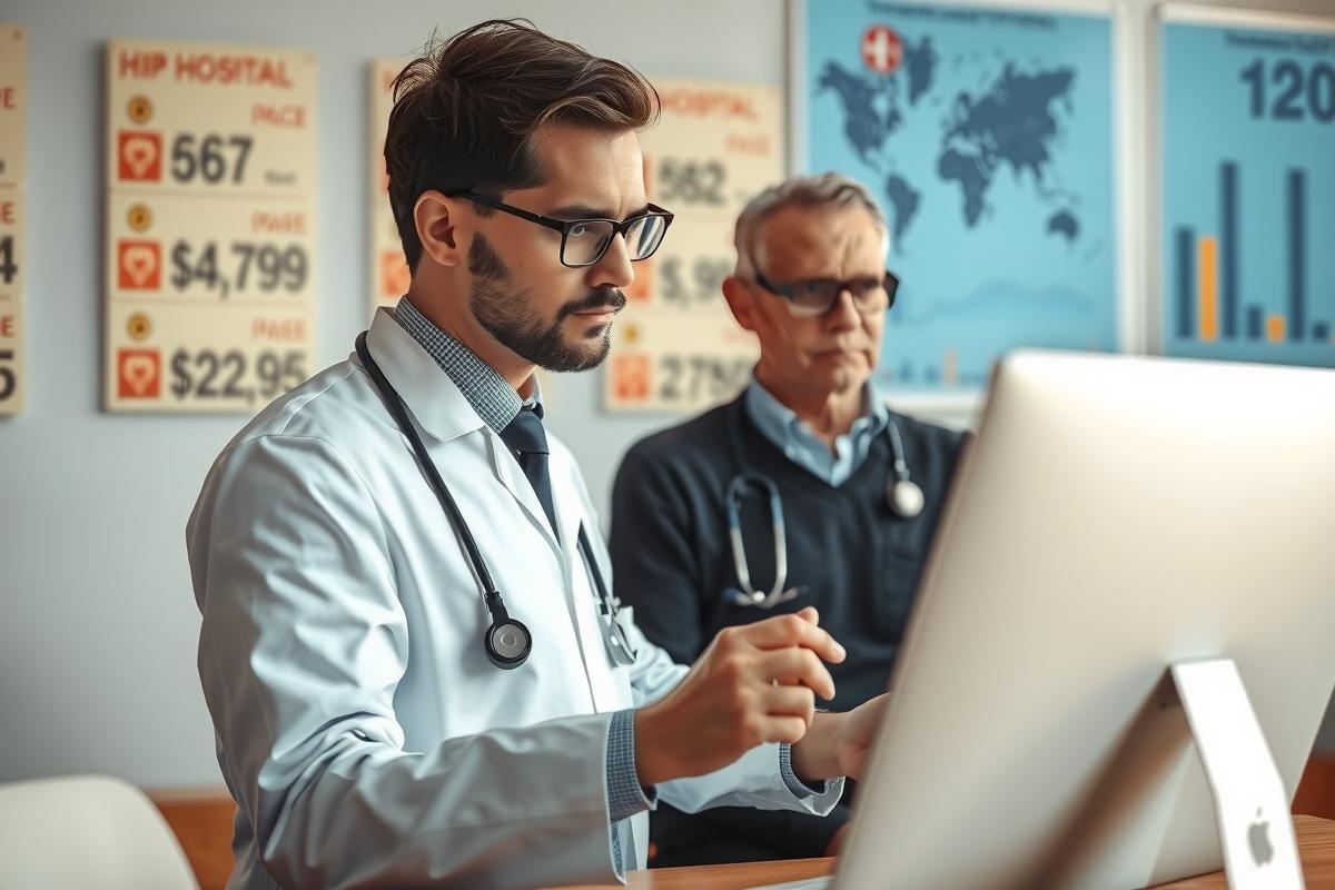 The image shows two doctors in a modern office setting. The young doctor on the left, wearing a white lab coat, is standing and reviewing a medical document on a computer. The older doctor, also in a physician's uniform, is sitting at his desk, watching the doctor intently.