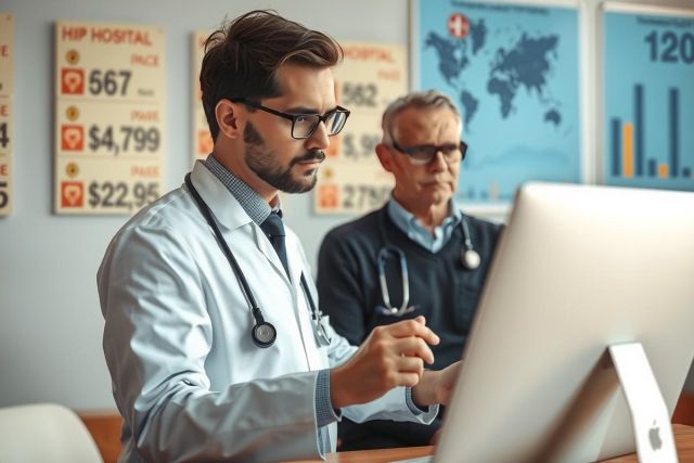 The image shows two doctors in a modern office setting. The young doctor on the left, wearing a white lab coat, is standing and reviewing a medical document on a computer. The older doctor, also in a physician's uniform, is sitting at his desk, watching the doctor intently.