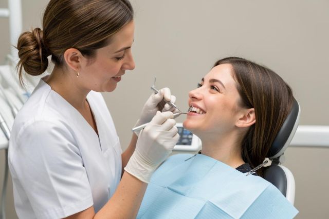 Dentist examining a smiling patient in a dental chair during a routine dental checkup, instruments in mouth.