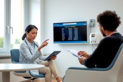 Doctor consults with a patient in a modern medical office. The doctor wears a white coat and holds a tablet, pointing as she discusses treatment options. A bright and clean environment.