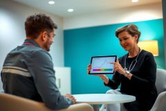 Doctor shows patient a graph on a tablet during a consultation. Blue walls, modern office setting. Healthcare professional, medical discussion, patient care.