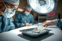 Surgical team in operating room. Close-up of medical instruments on a tray, illuminated by bright overhead light. Focus on sterile environment and precision in healthcare setting.
