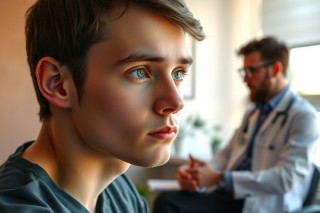 The image features a young male with light skin, medium-length dark hair, and blue eyes. He is looking away from the viewer with his mouth slightly open. His gaze appears to be directed towards something outside the frame of the photograph. 