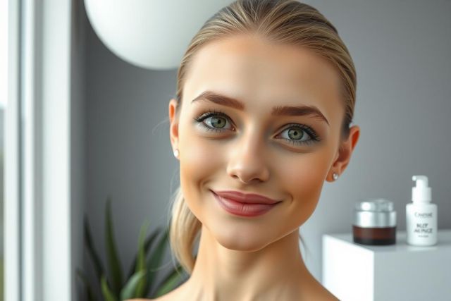 Close-up portrait of a woman with a radiant smile, natural makeup, and soft lighting. The background features a minimalist bathroom setting with skincare products, showcasing a clean and modern aesthetic.