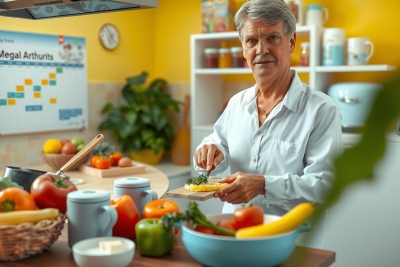 In the image, a man is in the process of preparing food in his kitchen. He is wearing casual attire and seems to be focused on his task. The kitchen counter is well-stocked with various fruits such as bananas, apples, oranges, and vegetables like carrots, all of which are ripe and fresh.