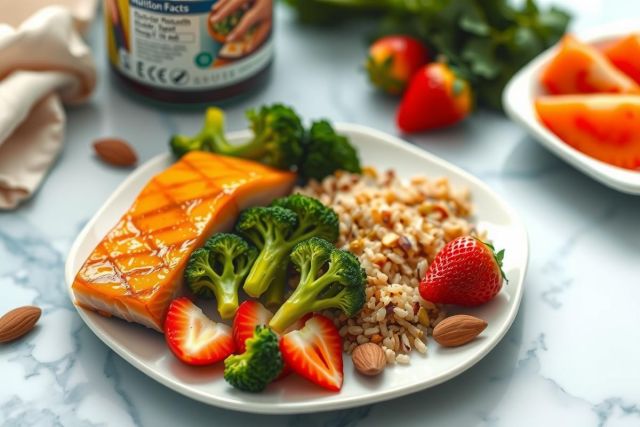 Healthy salmon dish featuring grilled salmon, broccoli, and brown rice on a white plate. A vibrant, nutritious meal with a focus on clean eating and wellness.