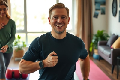 The image features a man and woman engaging in an exercise activity, likely a workout or fitness session at home. The man is wearing a black shirt and has his hands clenched into fists, suggesting he might be doing a form of cardio or strength training.