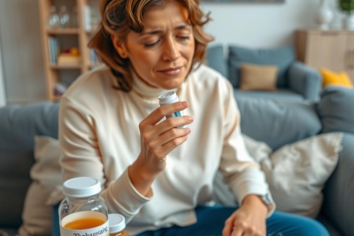 Woman sitting on couch with bottle of orange liquid, possibly a wellness drink or nutritional supplement. She appears to be examining it closely or perhaps reacting negatively due to the taste.