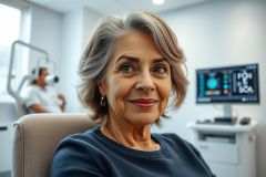 Senior woman smiling during an eye exam in a modern clinic. Healthcare setting with medical equipment and a blurred optometrist in the background. Warm lighting and neutral tones create a professional, inviting atmosphere. Focus on vision care and healthy aging.