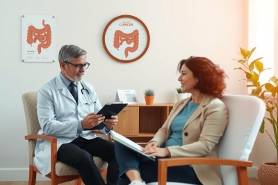 In the image, a healthcare professional is seen in an office setting during a consultation. The doctor, wearing a white coat and glasses, is seated while the patient is positioned across from them.