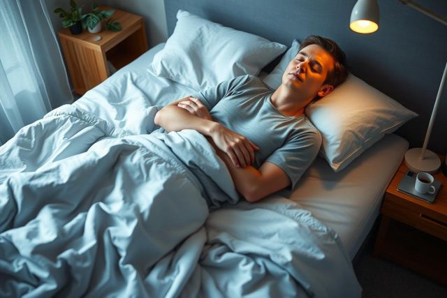 This is a photo of a man lying in bed with his eyes closed, possibly sleeping or resting. The room is dimly lit and the colors are muted, suggesting a calm and relaxed environment.