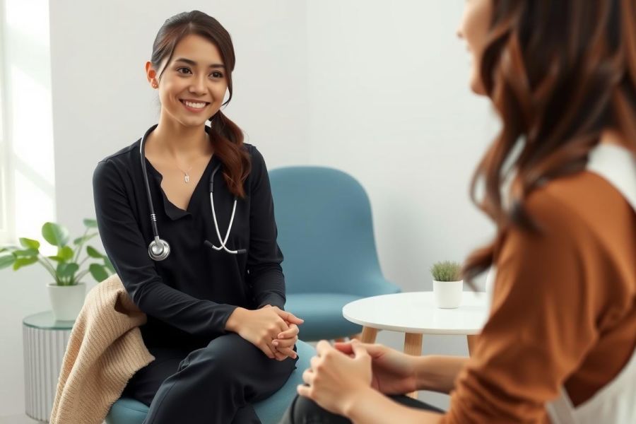 A female doctor in scrubs sits and talks with a patient in a modern office setting. The image conveys a healthcare consultation, featuring a blue chair and a calm, professional environment.