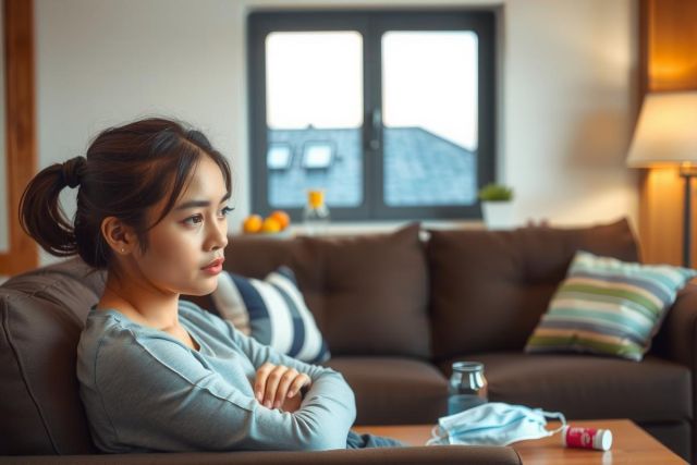 In the image, a young woman with long hair is seated on a couch. She appears to be engaged in a conversation or listening intently. The setting suggests a comfortable and modern living room with natural light coming through an open window.