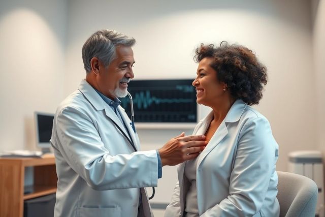 Doctor examining patient in modern clinic. A friendly male physician with a stethoscope listens to a woman's heart. The scene features a clean, bright environment with medical equipment visible. Healthcare, medical checkup, and patient care are key themes.