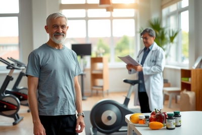 In the image, there's a man in a gym setting with exercise equipment such as treadmills and weight machines visible. He is dressed in workout clothes and appears to be having his health or medical check-up done by a professional who might be a doctor.