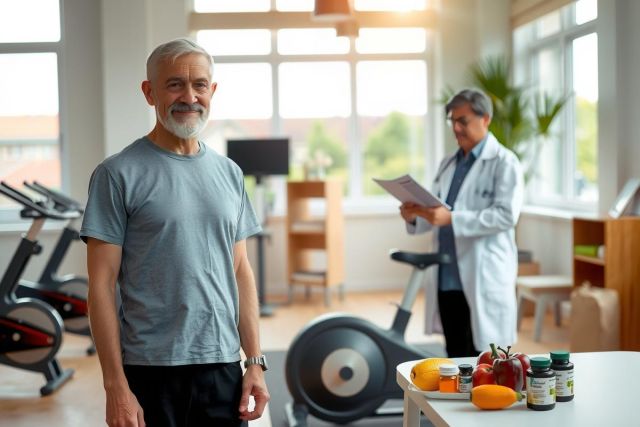 In the image, there's a man in a gym setting with exercise equipment such as treadmills and weight machines visible. He is dressed in workout clothes and appears to be having his health or medical check-up done by a professional who might be a doctor.