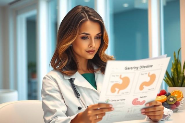 A female doctor in a white coat examines a diagram of the digestive system. The scene takes place in a modern medical office setting with healthy food visible. The image conveys health, wellness, and medical education.