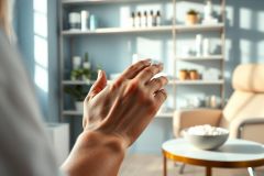 Close-up of hands rubbing together in a bright, modern spa setting. Soft blue walls, shelving with beauty products, and a cozy chair create a relaxing atmosphere. Focus on skincare and wellness.