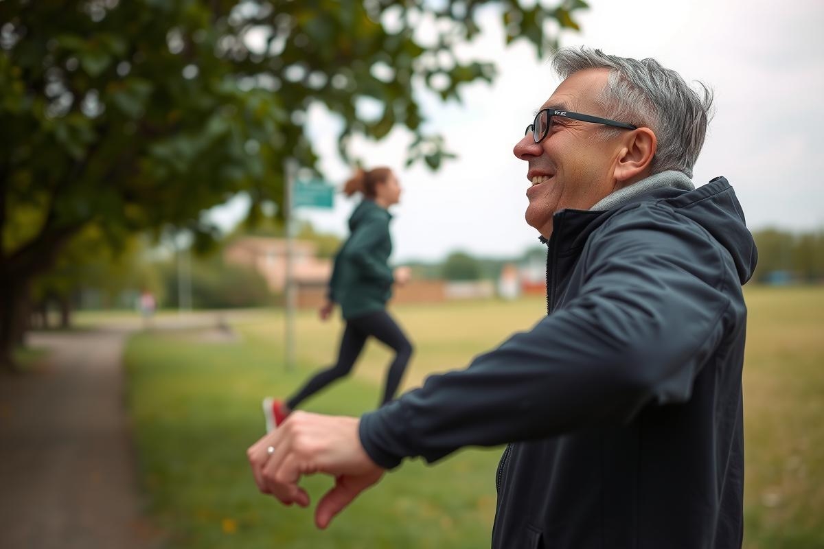 The image shows two individuals outdoors. On the right side, there is a man who appears to be middle-aged with glasses and short hair. He is wearing a black jacket with a hood and is gesturing with his left hand in a way that might suggest disapproval or disappointment. His facial expression seems serious. Behind him, there's another person running on a trail; it appears to be either dawn or dusk due to the soft lighting. The environment suggests a park or a natural setting, possibly during an exercise or training session. The colors in the image are muted with natural tones dominating the scene.