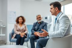 Doctor consulting with patients in a modern clinic. A male doctor in a white coat discusses health concerns with two patients, a man and a woman, in a bright, clean waiting room setting. Healthcare, medical consultation, and patient care are key themes. Blue and white color palette.