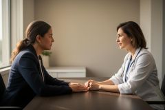 A female doctor wearing a white lab coat and stethoscope conducts a professional medical consultation with a female patient in a dark blazer. They sit across a wooden table in a bright, modern clinic. The scene features neutral colors and soft lighting, emphasizing a serious healthcare meeting in a clinical office setting.