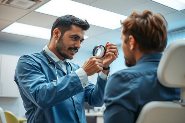 Doctor examining a patient with a magnifying glass in a medical office. Blue scrubs, professional setting, healthcare, check-up, patient care, examination.
