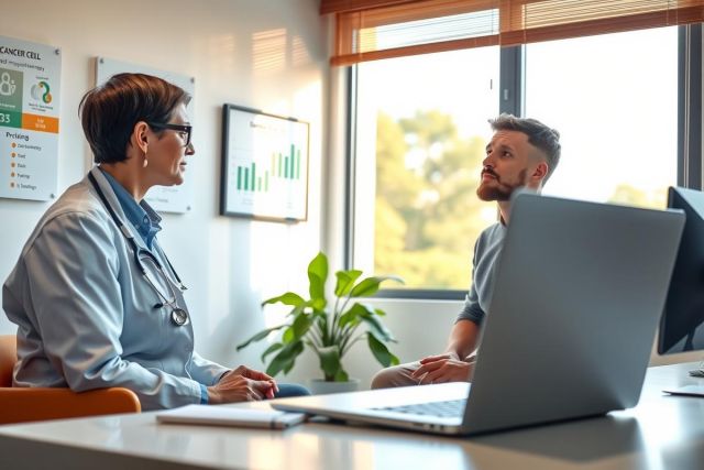 The image depicts a professional setting, likely an office or medical clinic. There are two individuals present: one is seated at the desk and appears to be conversing with another standing nearby. The environment suggests a modern workspace or possibly a consultation area within a healthcare facility.
